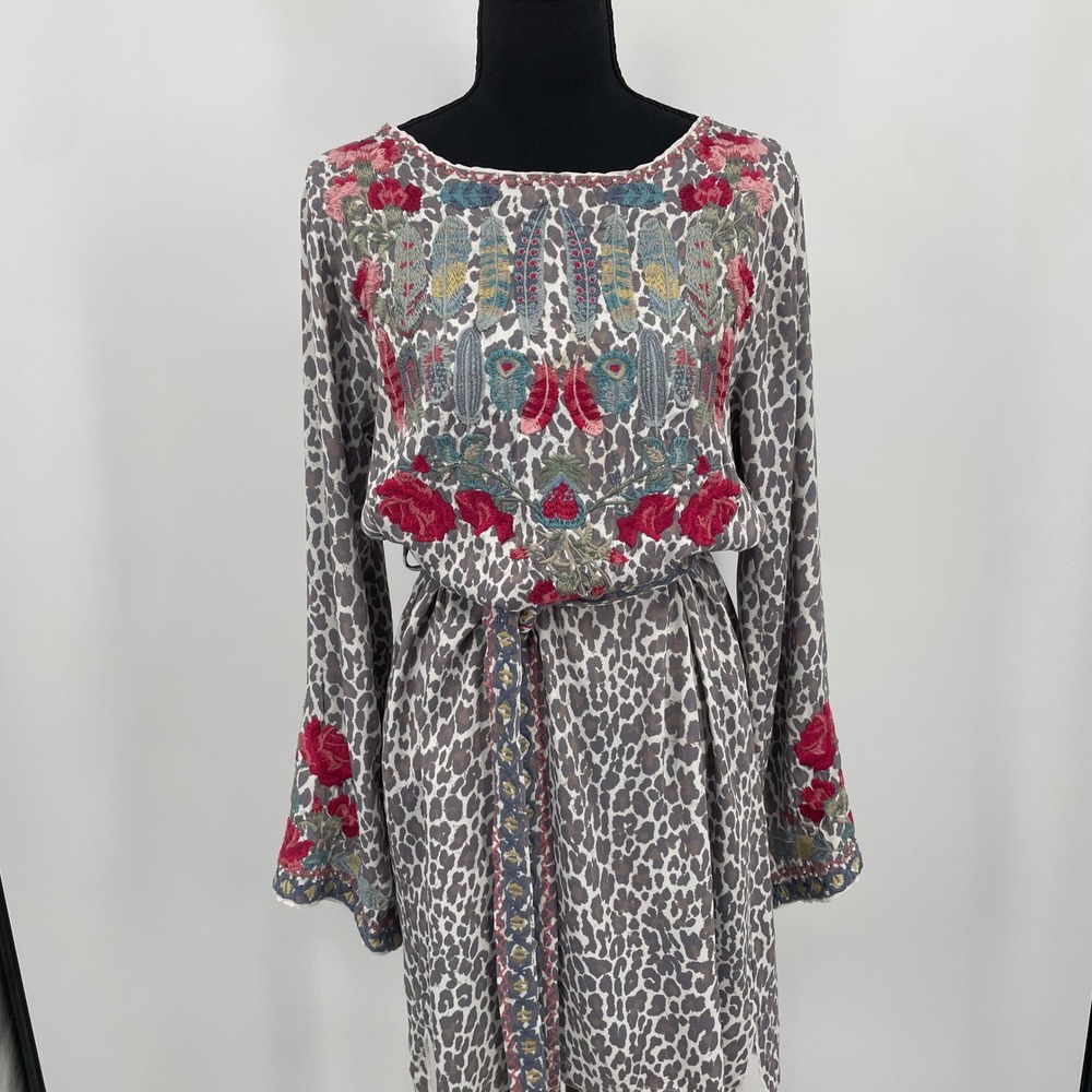 Biya Johnny Was Dress Womens S Gray Leopard Floral Rayon Embroidered Boho Tunic - Picture 13 of 16